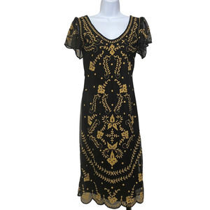 1920s Gatsby Style Flapper Dress Size 2 Black Tan Embroidered Beaded Trim Lined